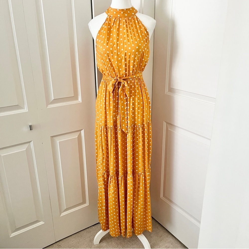 SHEIN Mustard Yellow Polka Dot Halter Maxi Sundress Resortwear, Size Small